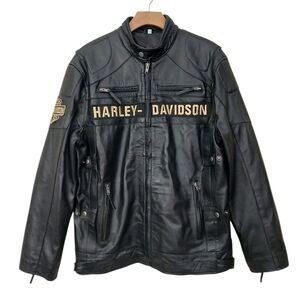 Real Leather Harley Davidson Jacket Mens Large Black Embroidered Motorcycle